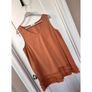Umgee Sleeveless Fringe V Neck Tank Shift Dress Casual Boho Brown Orange Size XL